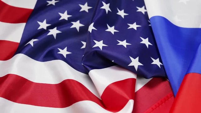 Usa flag and Russia flag. Textile flags of the world. Dolly video
