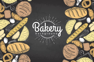 Chalk drawing Bakery background. Top view of bakery products