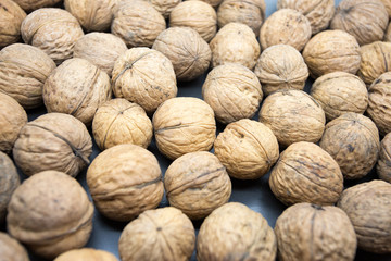 A lot of nuts on a gray background