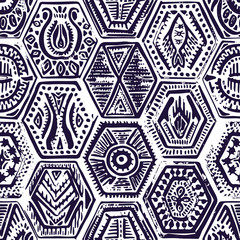 Vintage seamless pattern in patchwork style. Hand-drawn hexagon ornament. Grunge old print for decor.