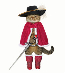 The cat musketeer in a red cloak and a black hat with a feather holds a sword. White background.