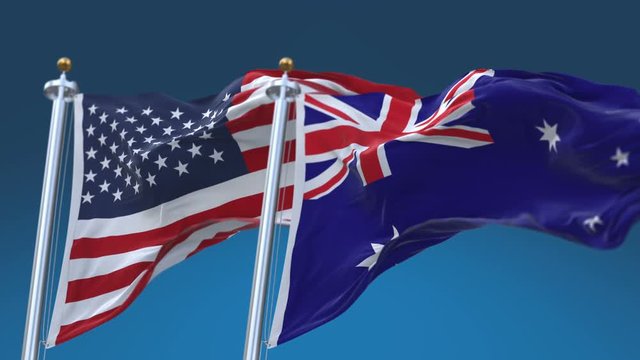 4k Seamless United States of America And Australia Flags with blue sky background,A fully digital rendering,The flag 3D animation loops at 20 seconds,USA AUS AU.