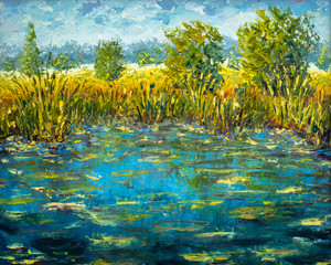 Abstract claude monet pond oil painting impressionism river water modern painting - obrazy, fototapety, plakaty