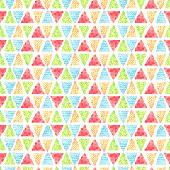 Festive watercolor seamless pattern with colorful triangle patterned bunting including green, yellow, orange and red on white background. Ideal for wrapping paper, cards and textiles