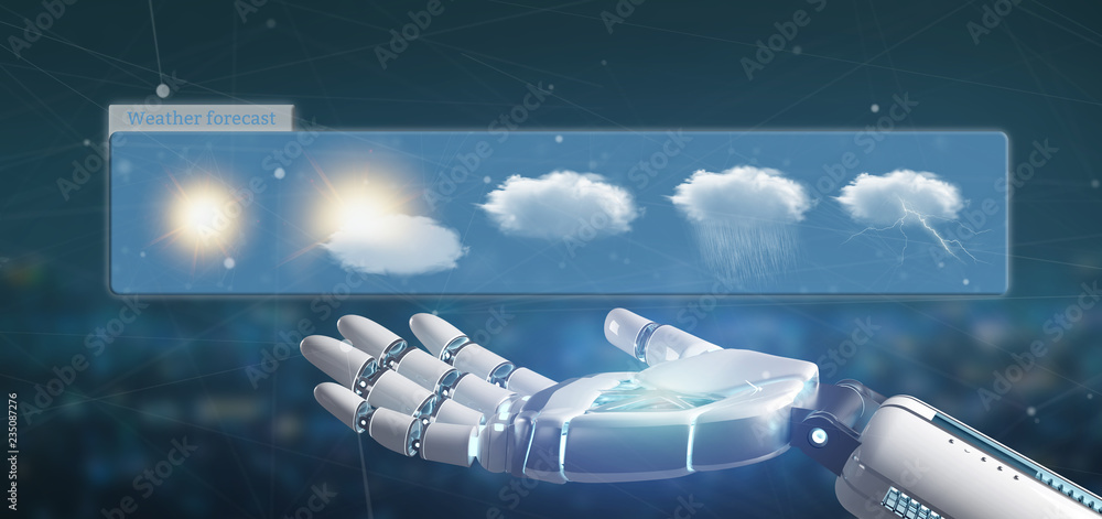 Poster cyborg hand holding a weather forecast widget 3d rendering