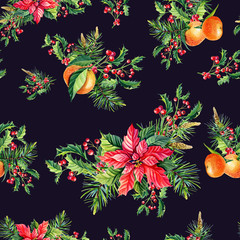 Christmas watercolor seamless pattern. Red poinsettia flowers,tangerineHolly,