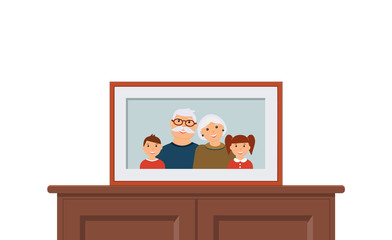 Happy family portrait is standing on the dresser : smiling grandfather, grandmother, grandson and granddaughter on the light blue background in the wooden brown frame. Vector illustration