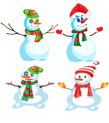 Set of four snowmen in various headdresses and in different scarves