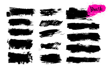Set of hand drawn brush strokes, stains for backdrops. Monochrome design elements. Black monochrome artistic hand drawn backgrounds. Vector illustration. Isolated on white background.