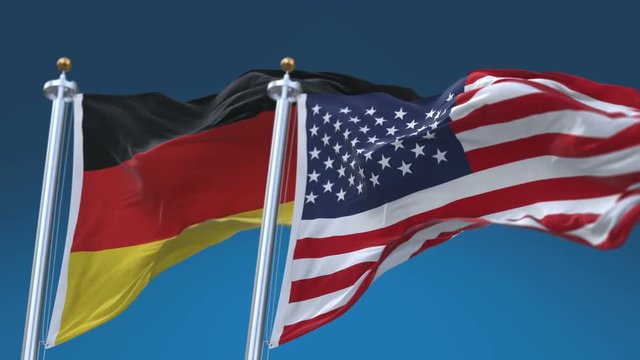 4k Seamless United States of America And Germany Flags with blue sky background,A fully digital rendering,The flag 3D animation loops at 20 seconds,USA GER DE.