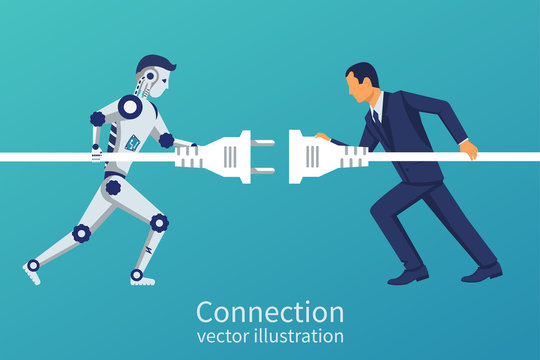 Business and robot connection. Symbol of working together, cooperation, partnership. Future collaboration. Vector illustration flat design. Human and artificial intelligence connect plug to outlet.
