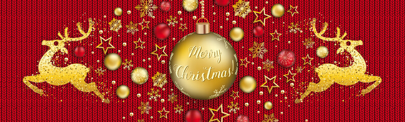 Obraz na płótnie Canvas Merry Christmas Bauble Golden Reindeers Red Knittin Header