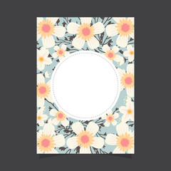 Common size of floral greeting card and invitation template for wedding or birthday anniversary, Vector shape of text box label and frame, White cosmos flowers wreath ivy style with branch and leaves.