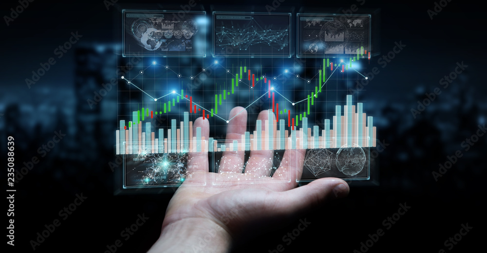 Aufkleber Businessman using 3D rendering stock exchange datas and charts