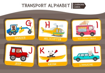 Vector cute kids transport alphabet. Letter G-L. Cute cartoon cars with animals.