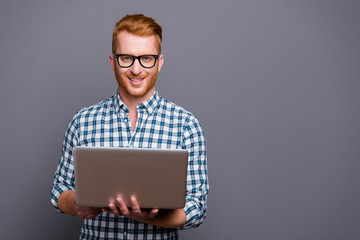 Portrait of nice confident cheerful positive handsome attractive