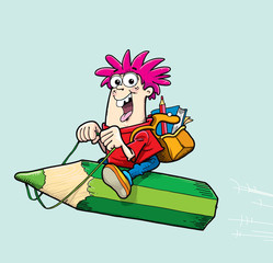 Cartoon boy riding flying pencil