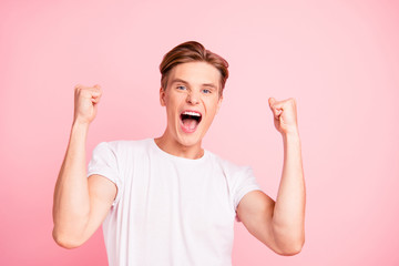 Attractive handsome pretty brunet hair man isolated on bright pi