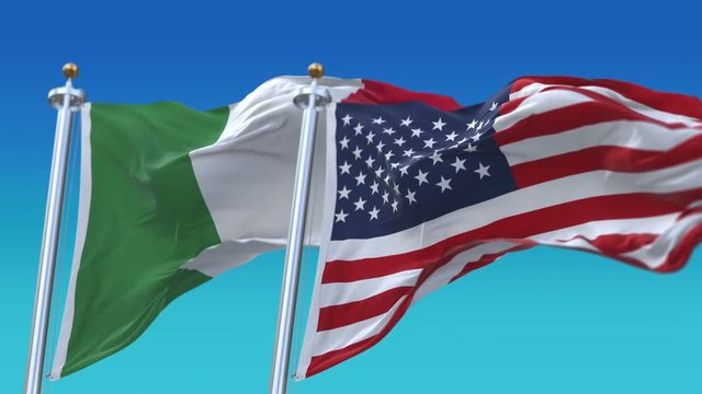 4k Seamless United States of America And Italy Flags with blue sky background,A fully digital rendering,The flag 3D animation loops at 20 seconds,USA ITA.