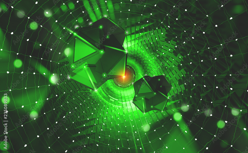Fototapete Cyberspace. Digital technologies of the future. Chains of information blocks. Portal with HUD elements. 3D illustration on tech background