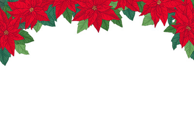 Christmas frame made of bright red poinsettia. Vector objects on white background.
