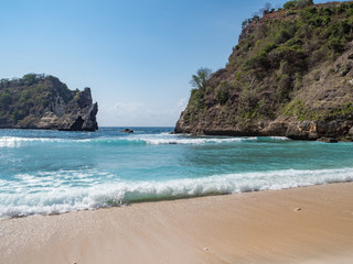 Clear waves of blue ocean, Atuh Beach, Nusa Penida, Indonesia. Landscape of paradise. October 2018