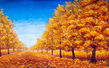 Naklejka premium Autumn trees Impressionism palette knife oil painting, contemporary style on stretched canvas, palette knife and brush