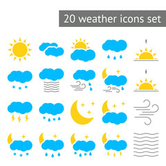 20 colorful weather icons set on wihte background. Vector illustration.
