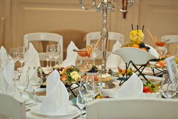 delicious dishes on the table in the restaurant. serving table.