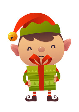 Happy cute cartoon christmas elf with gift present on white background