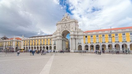 Fototapeta na wymiar Triumphal arch at Rua Augusta at Commerce square timelapse hyperlapse in Lisbon, Portugal.