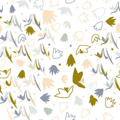 Vector floral seamless pattern with hand drawn scilla or snowdrop flowers and leaves. Modern decorative background in pastel colors.