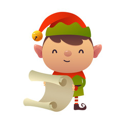 Cute cartoon christmas elf reads paper letter wish list