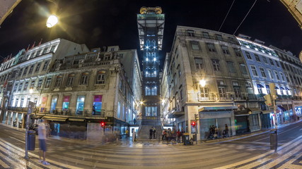 Fototapeta na wymiar Santa Justa Elevator night timelapse in Lisbon, Portugal.