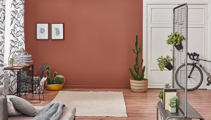 Brown room carpet vase of plant and metal tv unites with grey sofa. Bike decor.