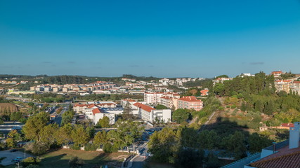 Fototapeta na wymiar Beautiful cityscape view of Leiria early morning, Portugal blue sky