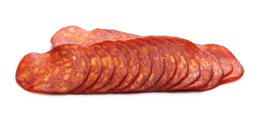 Spicy salami sausage slices isolated on white background