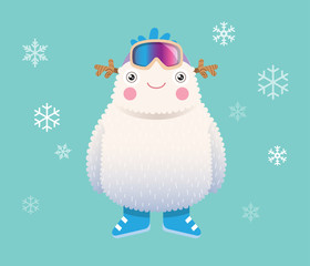 Cute Yeti with snowboard goggles and boots