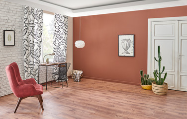 Brown living room with black white curtain and white classic door. Working or study table in the room and white classic door.