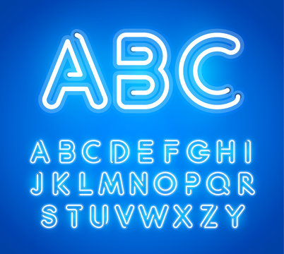 Blue Neon Letters Set. Bright Glowing Font. Latin Alphabet from Luminous Neon Tubes. ABC for Bar, Casino Poster Template. Modern Typography Design.