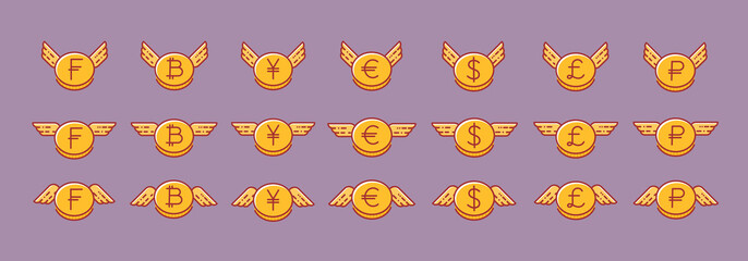 Vector set of different currency coins with wings