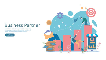 Business partnership relation concept idea with tiny people character. team working partner together template for web landing page, banner, presentation, mockup, social media. Vector illustration