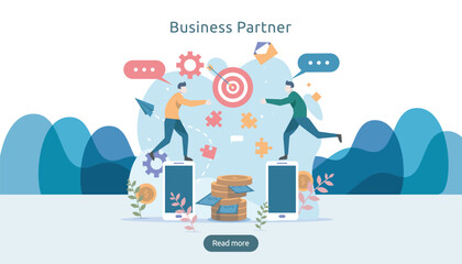 Business partnership relation concept idea with tiny people character. team working partner together template for web landing page, banner, presentation, mockup, social media. Vector illustration