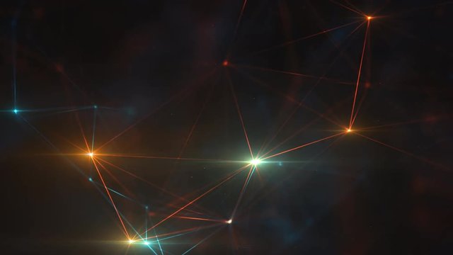 Abstract plexus structure of many glowing lines and particles. Connection concept. Creative technological background with digital composition and optical flares. Looped sequence.