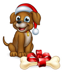 A pet dog in a Christmas Santa Claus hat cute cartoon character with its bone gift