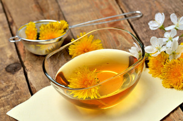 Dandelion honey in a glass bowl and dandelion head around