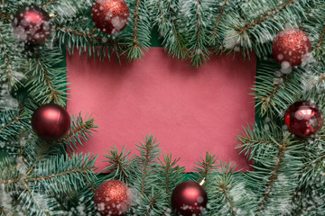 Christmas red blank with evegreen branches . Merry christmas greeting card, banner, frame.