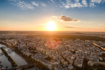 Aerial: Sunset over Paris, France