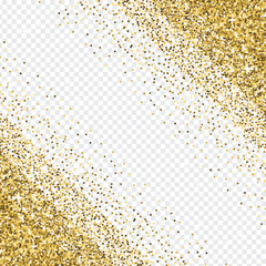 Golden glitter abstract corner background. Tinsel shiny backdrop. Luxury gold template. Vector