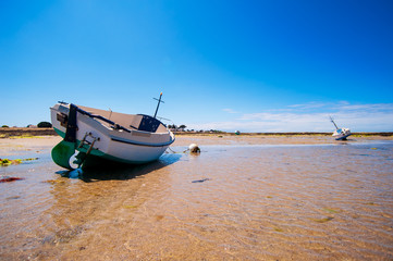 Obraz premium boat resting on sand at lowtide in summertime surround with clear water and boats in the background